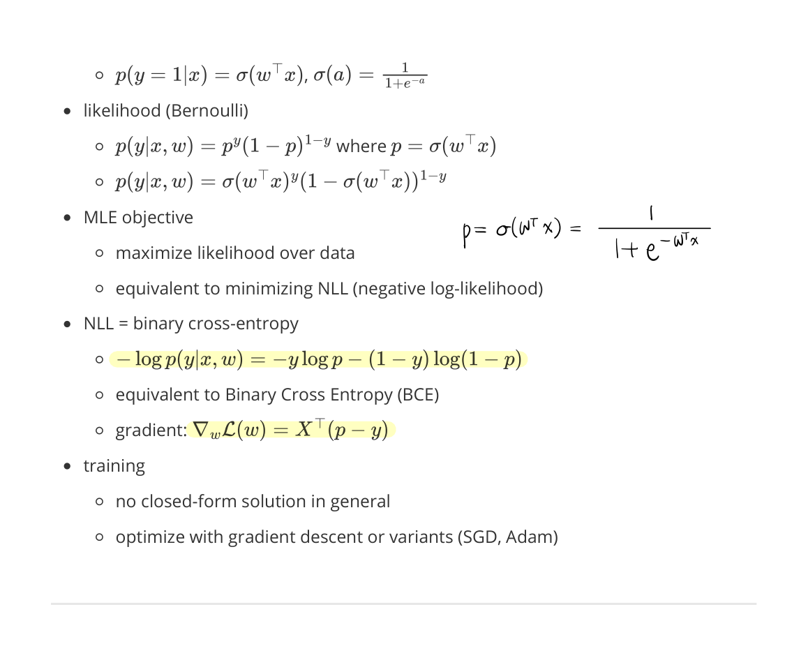 Logistic Regression — likelihood, MLE, BCE, gradient, training (page 31)